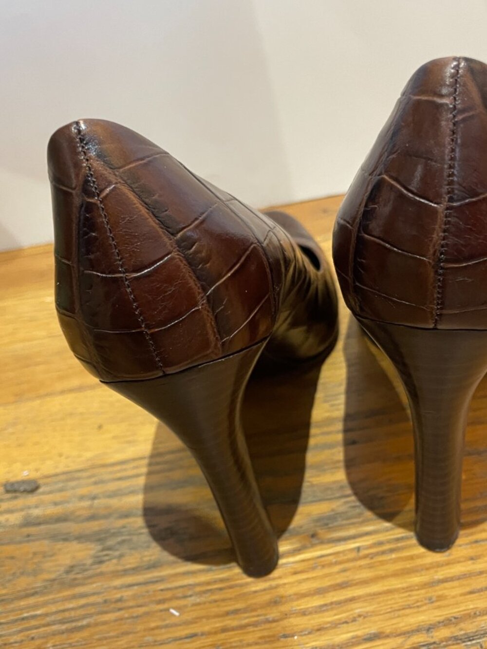 LAUREN Ralph Lauren Brown Leather Croc Embossed 3.75 Heel S 10 - Picture 5 of 9